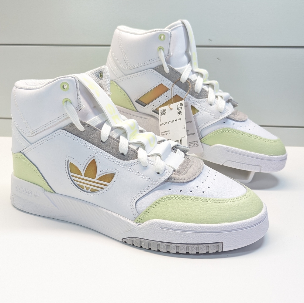 Adidas Drop Step XL White Almost Lime Leather Casual Hi Top Sneakers Women's 7.5